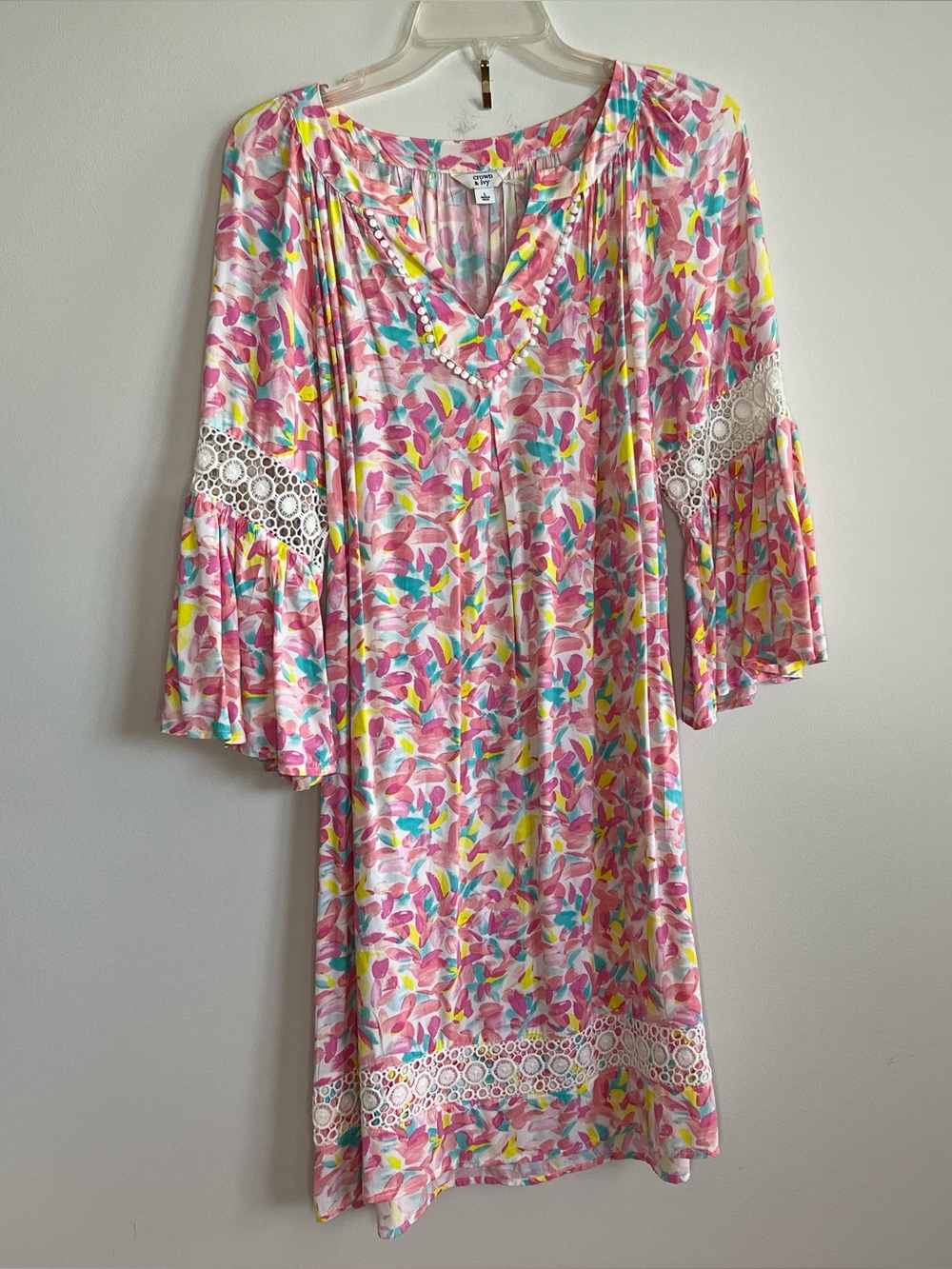 crown & ivy Pink Multi Floral Long Sleeve Tunic Dress with Crochet Trim